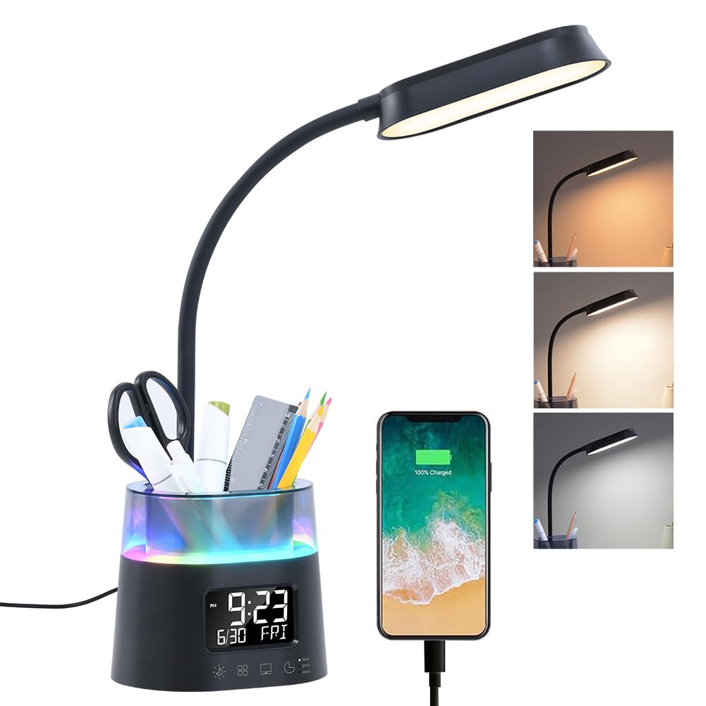 WILIT LED Kids Desk Lamp, Dimmable Study Lamp for Home Office Desk Accessories, with Pen Holder & Clock, USB Charging Port, RGB Night Light, Bedroom & College Dorm Room Essentials for Girls - Black