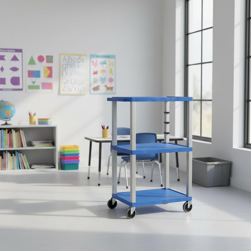 LUXOR UCPL1BU-N 42"H 3-Shelf Utility Cart - Blue Shelves, Nickel Legs