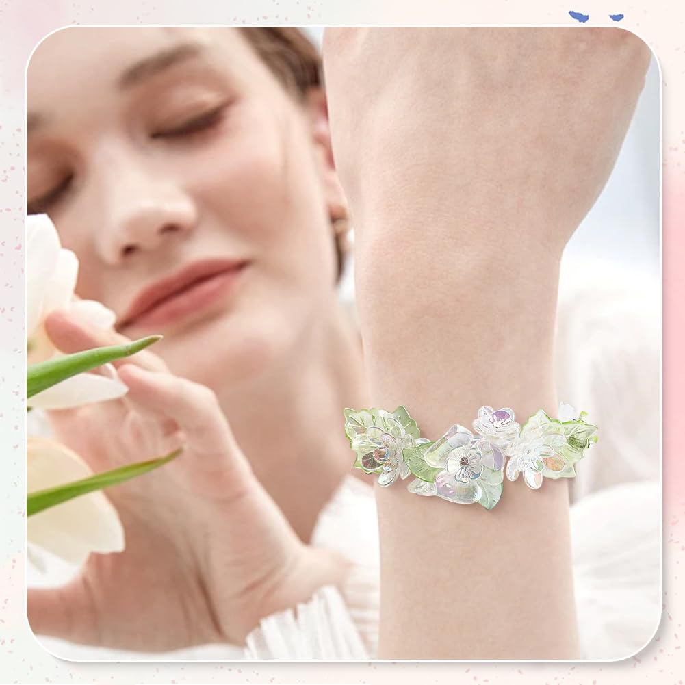 SUNNYCLUE 1 Box 460Pcs Transparent Acrylic Flower Beads Green Leaves Beads Kit Plastic Pink White Assorted Spring Cherries Blossom Caps Loose Spacer for Jewelry Making Necklace Charms Craft Supplies