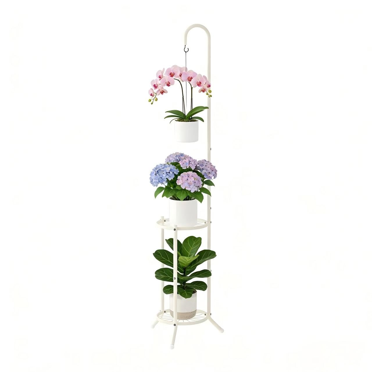 WELUKGUUD 2-Tier Hanging Plant Stand Indoor and Outdoor , Space-Saving Iron Planter Shelves, Multiple Flower Pot Display Holder Shelf with Hanging Hook, Corner Plant Stands (White)