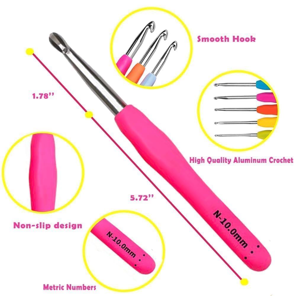 Yarniss Crochet Hooks,14 Size Crochet Set 2mm(B)-10mm(N), Ergonomic Crochet Hooks Set with Case for Beginner,Long Crochet Needles