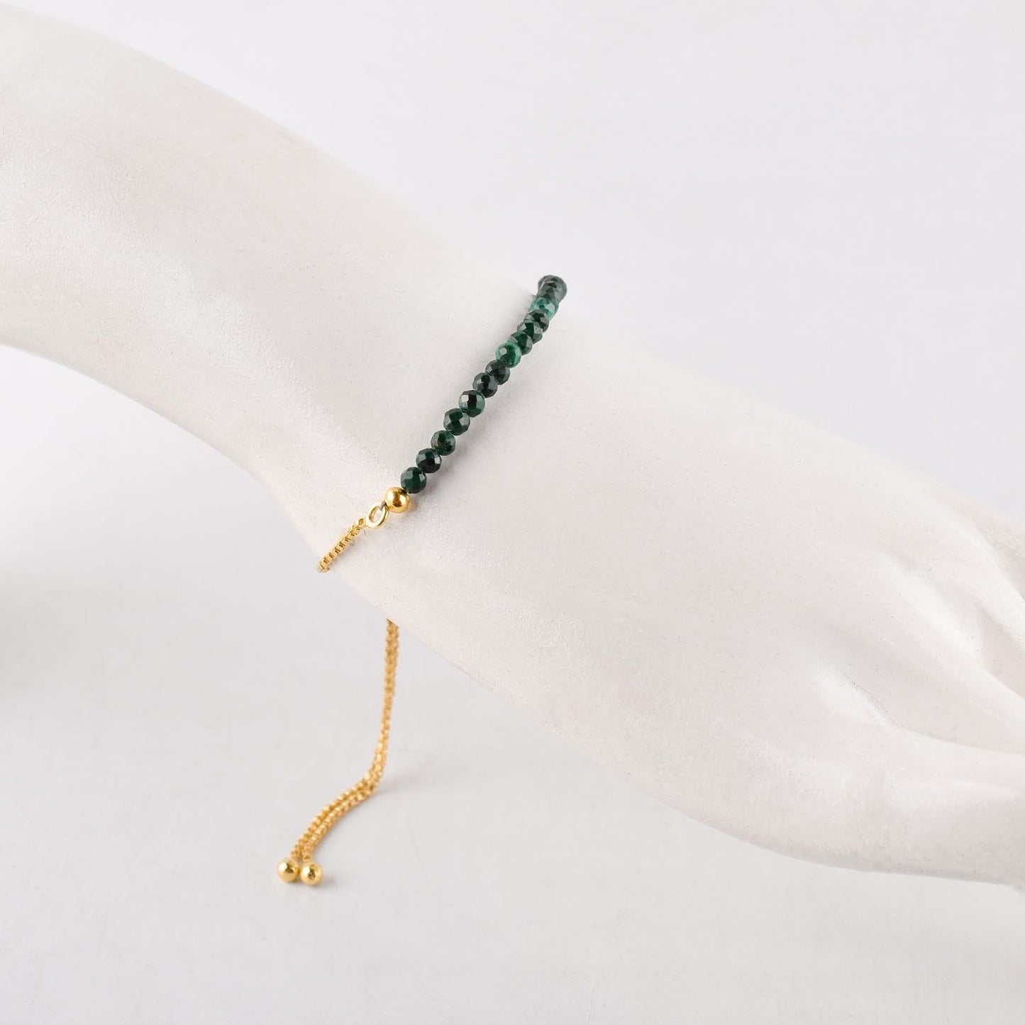 QNAVIC Natural Green Malachite Gemstone Micro Beaded Dainty Slider Bolo Bracelet, Handmade Jewelry for women, Healing Chakra Crystals Birthstone Gift for Her, 14K Gold Plated Chain 6-9 inch