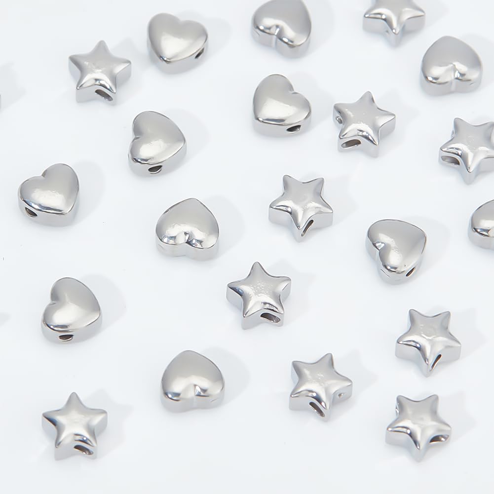 UNICRAFTALE 24Pcs 2 Style Spacer Beads Kit 1.5mm 304 Stainless Steel Cute Beads Metal Star Beads Heart Spacer Beads Small Hole Heart Beads for Bracelets Necklace Jewelry Making