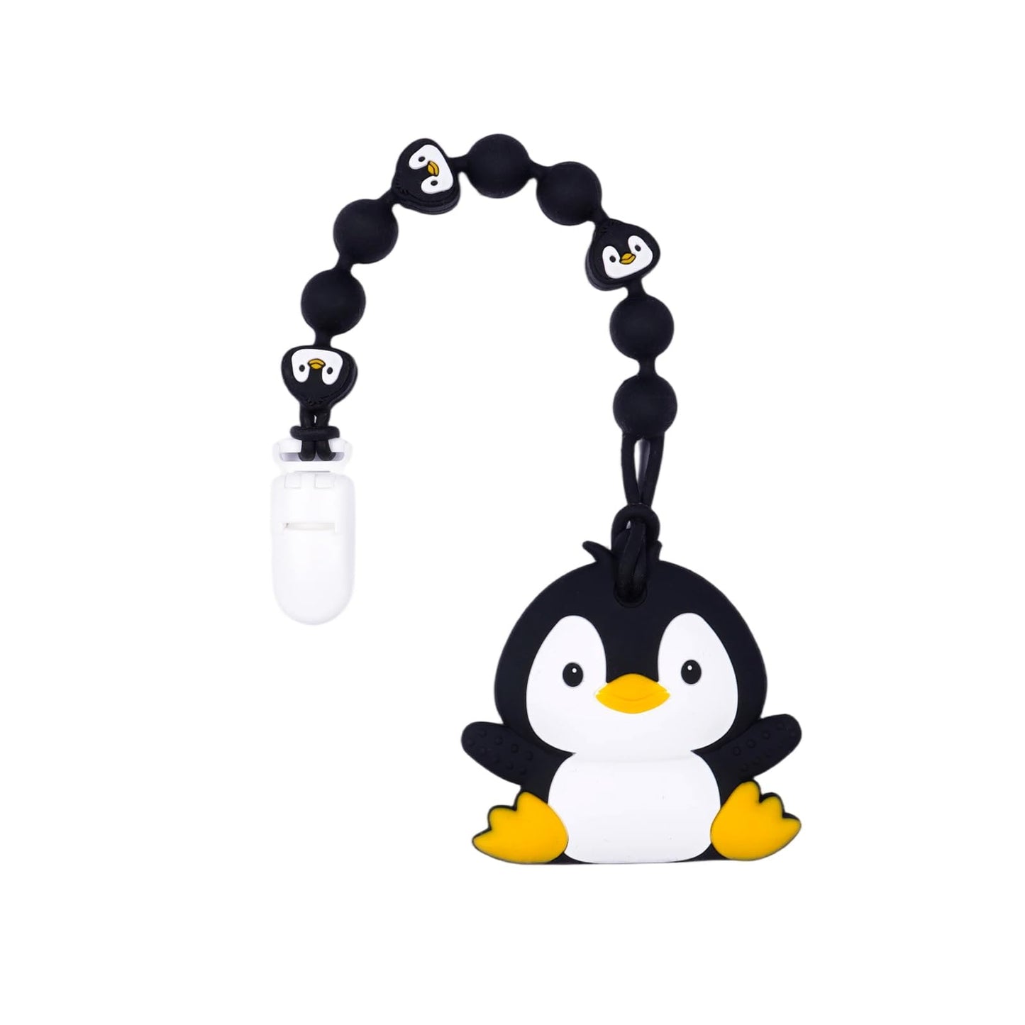 Cute Animal Baby Food Grade Silicone Teether Toy with One Piece Design Pacifier Clip Holder,Teething Pain Relief Toys Gift Set for 3 Months+ Boys and Girls,Freezer Safe,BPA Free (Penguin)