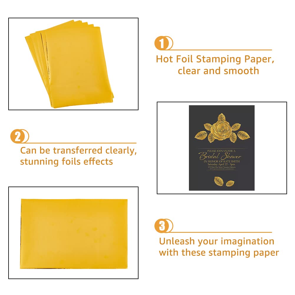SUPERFINDINGS 100 Sheets A5 Hot Foil Transfer Sheets Gold Hot Foil Stamping Papers 21.1x14.6cm Metallic Heat Transfer Foil Paper for Foil Quill/Heat Foil Pen Card Making Scrapbooking Paper Crafts