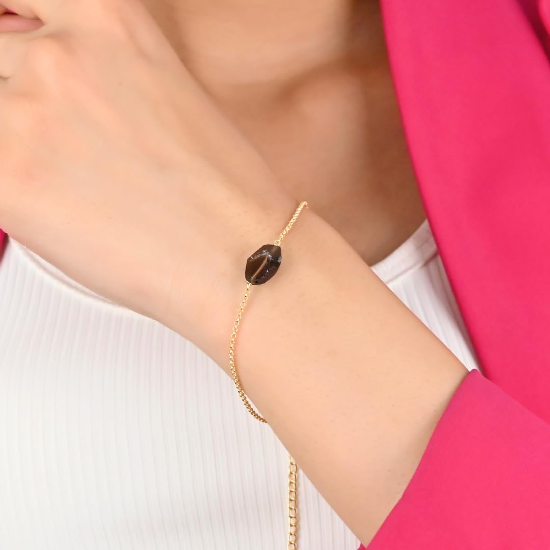 Gempires Raw Smoky Quartz Gemstone Bracelet for Women | Handmade 14K Gold Plated Natural Crystal Jewelry | Hypoallergenic Minimal Dainty Birthstone Bracelet Gift