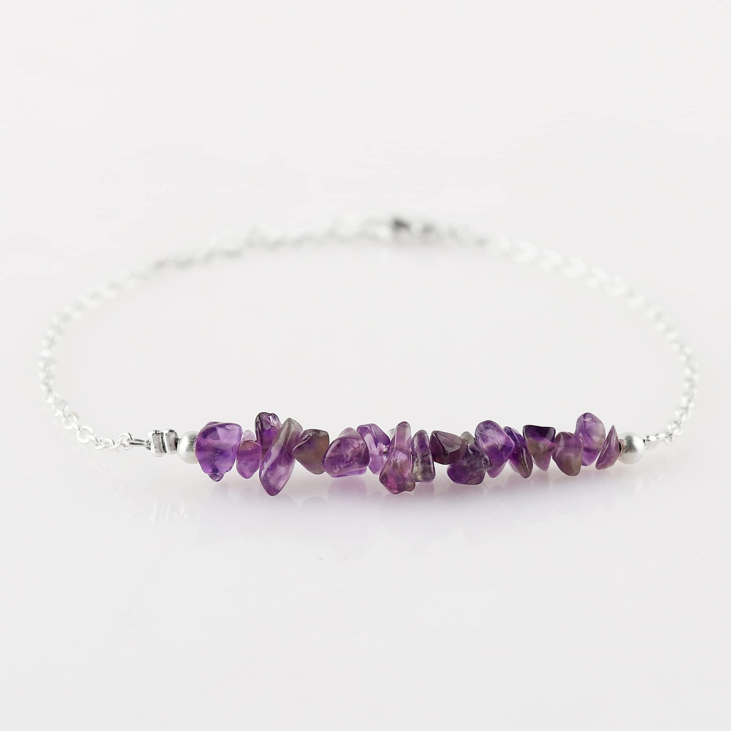 Gemimpression Handmade Amethyst Chips Bar Bracelet – Natural Energy Healing Crystals – Silver Plated Adjustable 8 Inch Chain – Christmas Gift