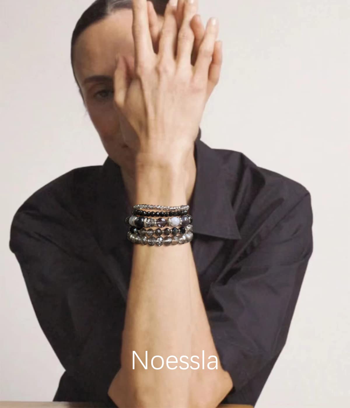 Noessla Beaded Boho Stretch Bracelet Colorful Stackable Crystal Beads Bracelets Trendy Costume Jewelry Mothers Day Gifts for Women(21-Black)