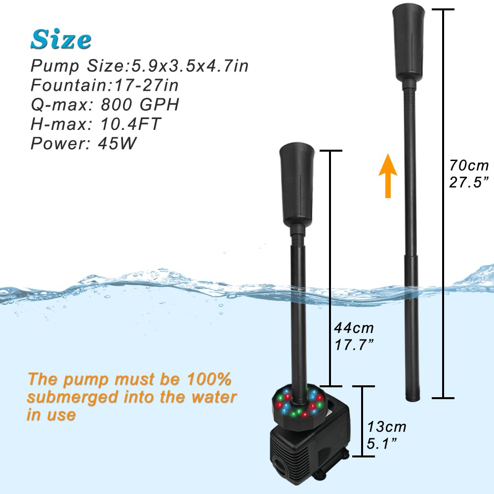 DOMICA 45W 792 GPH LED Pond Pump with Fountain Kit (3000L/H), Submersible Garden Water Fountain Pump, for Waterfall, Hydroponics, Aquariums, Fish Tanks, Indoor Outdoor