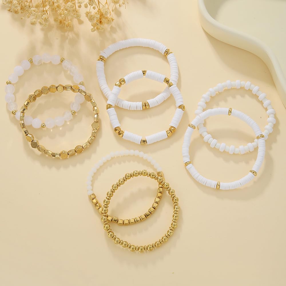 YEOSMINE Boho Heishi Clay Beaded Stretch Bracelets Stack For Women, Preppy Teens Friendship Gold Bracelets Cute Beach Surfer Accessories Bulk Set Trendy Fashion Jewelry