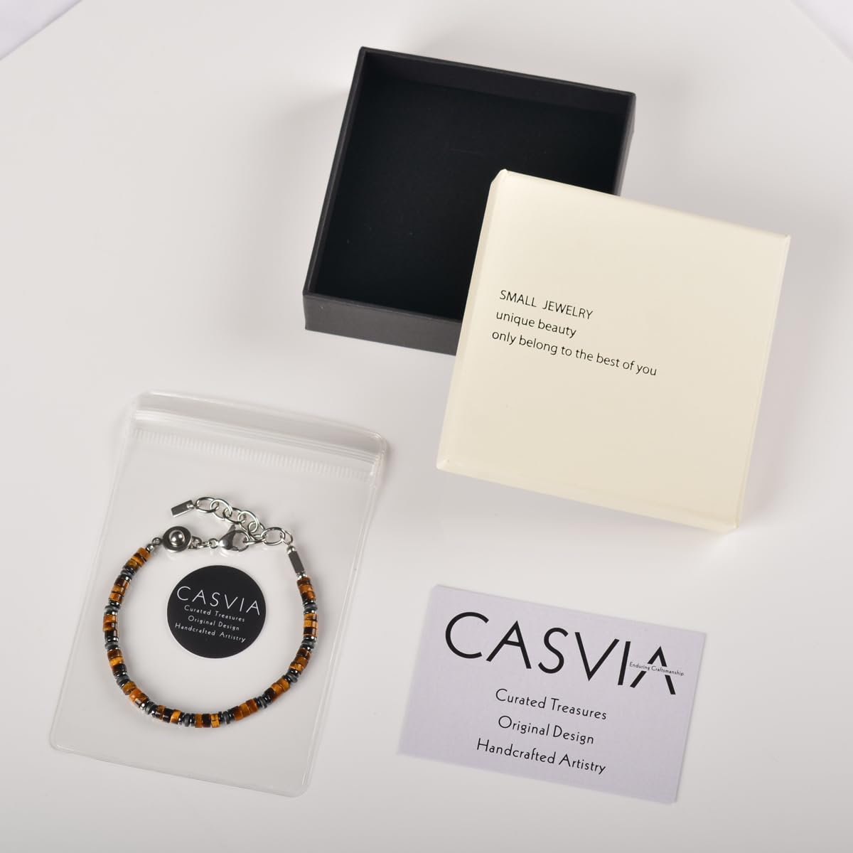 Casvia Tiger's Glow Men's Tiger Eye Chakra Bracelet, Handcrafted Hematite, Thickened Steel Wire, Adjustable Dual Clasp 6.9-8.8 Inch Gift for Men Dad Boyfriend