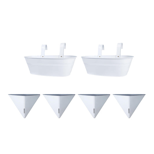 LaLaGreen Bundle- 2 Pack, 15 Inch White Metal Pot + 4 Pack, 12 Inch Geometric Self Watering Pot Modern Flower Vase Vessel Home Vertical Wall Mount Garden Window Rail Box Herb Plant Bucket Garden Decor