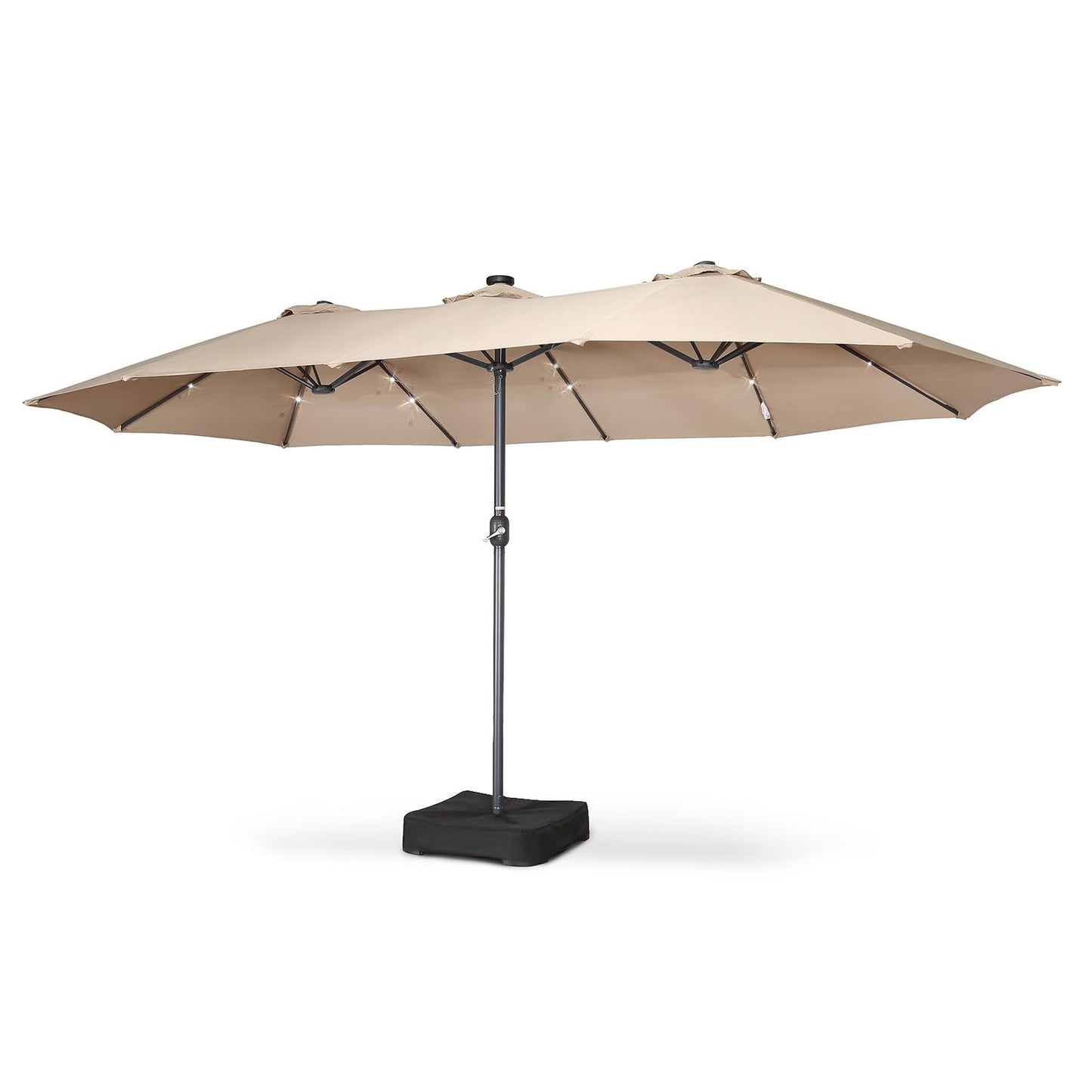 Home Zone Living 15x9 Ft Double Head Patio Umbrella with Base, 36 LED Lights, Sand Bags, UV Resistant & Waterproof, 213 LBS Total Weight, Beige Tan