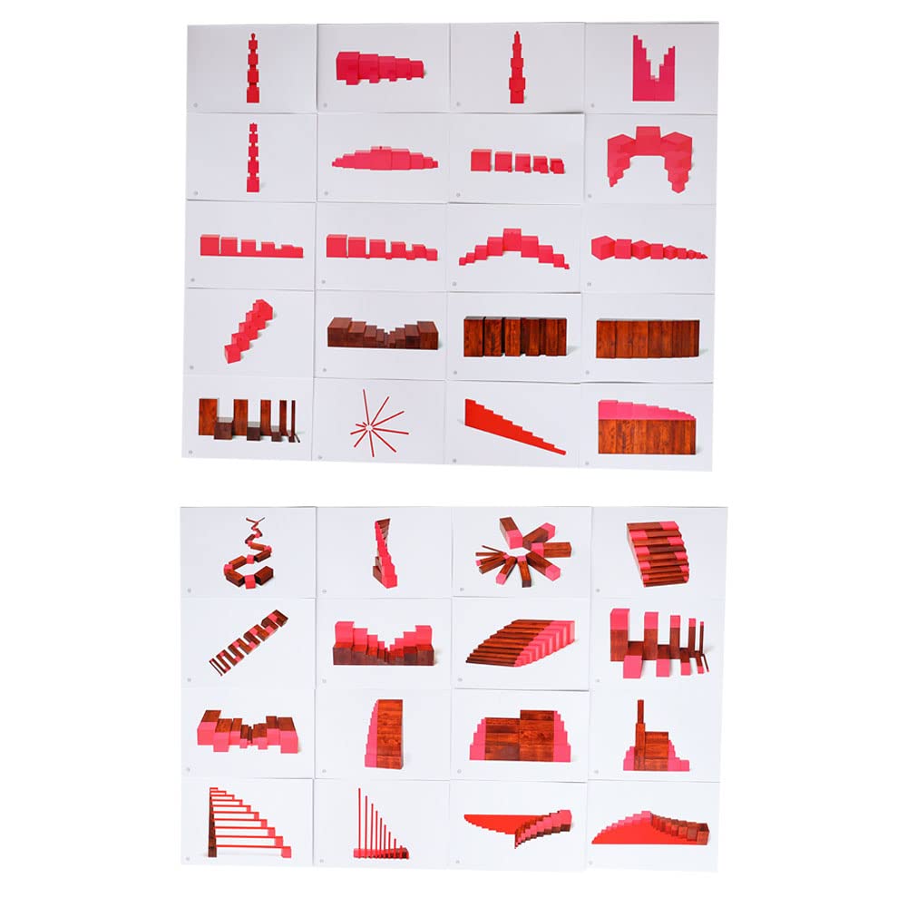 Kghios Montessori Pink Tower、 Brown Stair and Long Red Rods Sensorial Cards with Wood Box,Montessori Toys Materials for Toddlers Visual Sense, Early Educational Tools Preschool Learning Toys