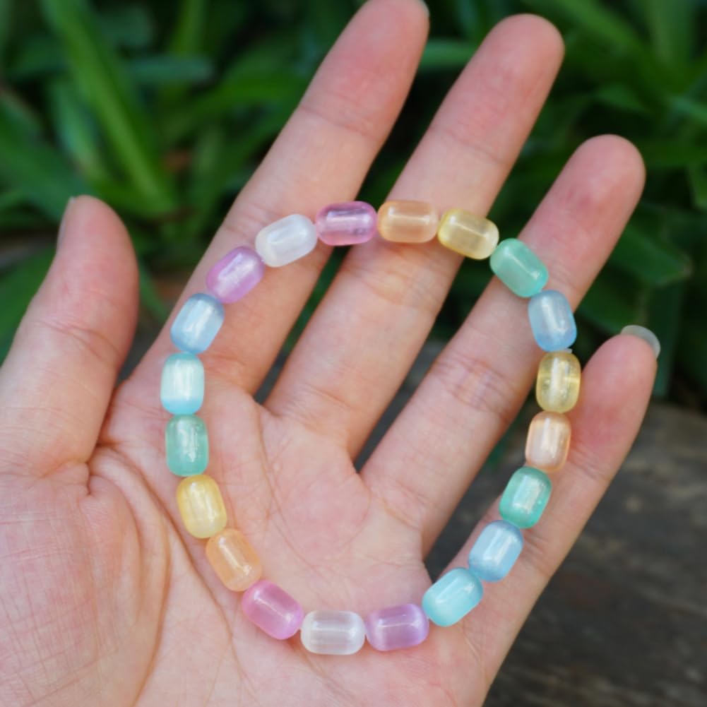 TaHLga Natural Rainbow Selenite Crystal Bracelet | Plated 6x9mm Cylinder Beads | Authentic Stone with Leather Pouch, Gift Box & Repair Kit | Fits about 7 inch Wrist