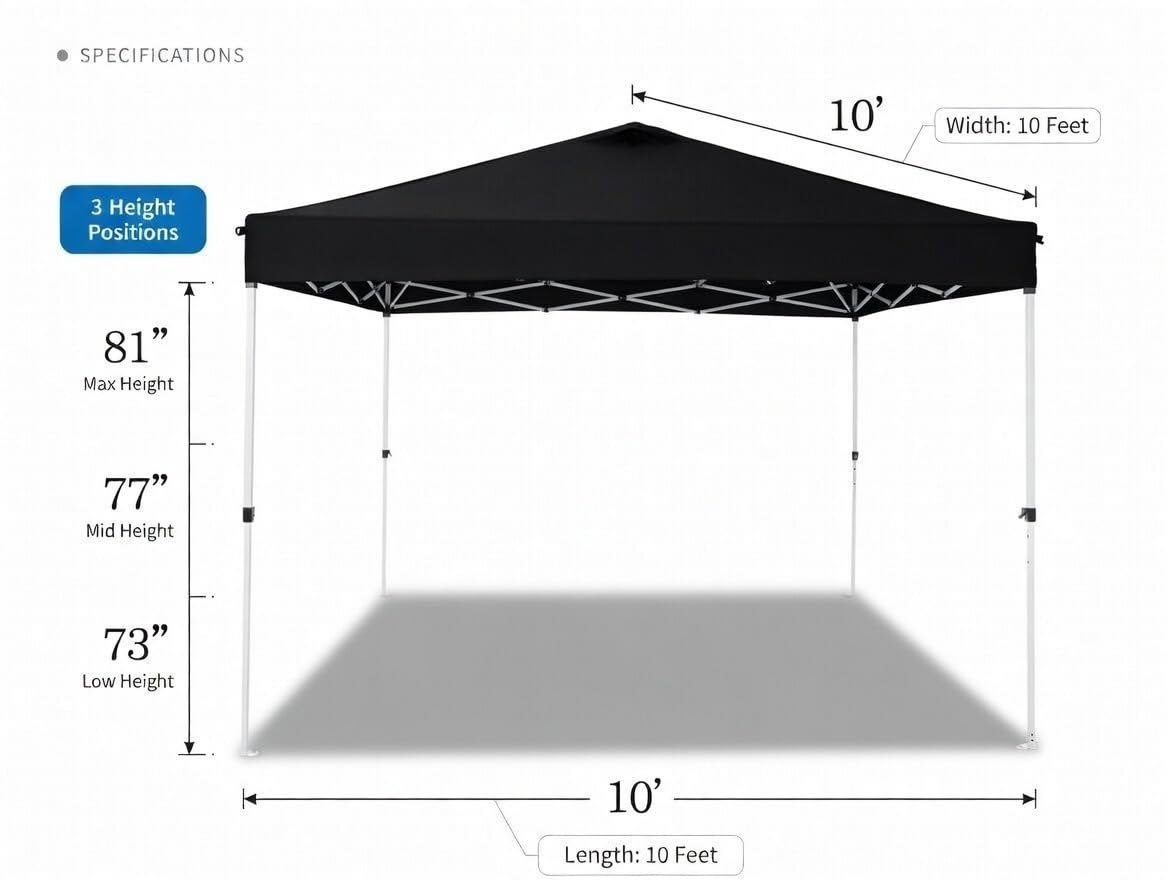 10x10 Pop Up Canopy,Event Tent – One-Person Setup, Waterproof & UV-Blocking, Heavy-Duty Steel Frame, Wheeled Bag & Sandbags – Outdoor Shade for Beach, Camping, Backyard, Tailgate (Black)