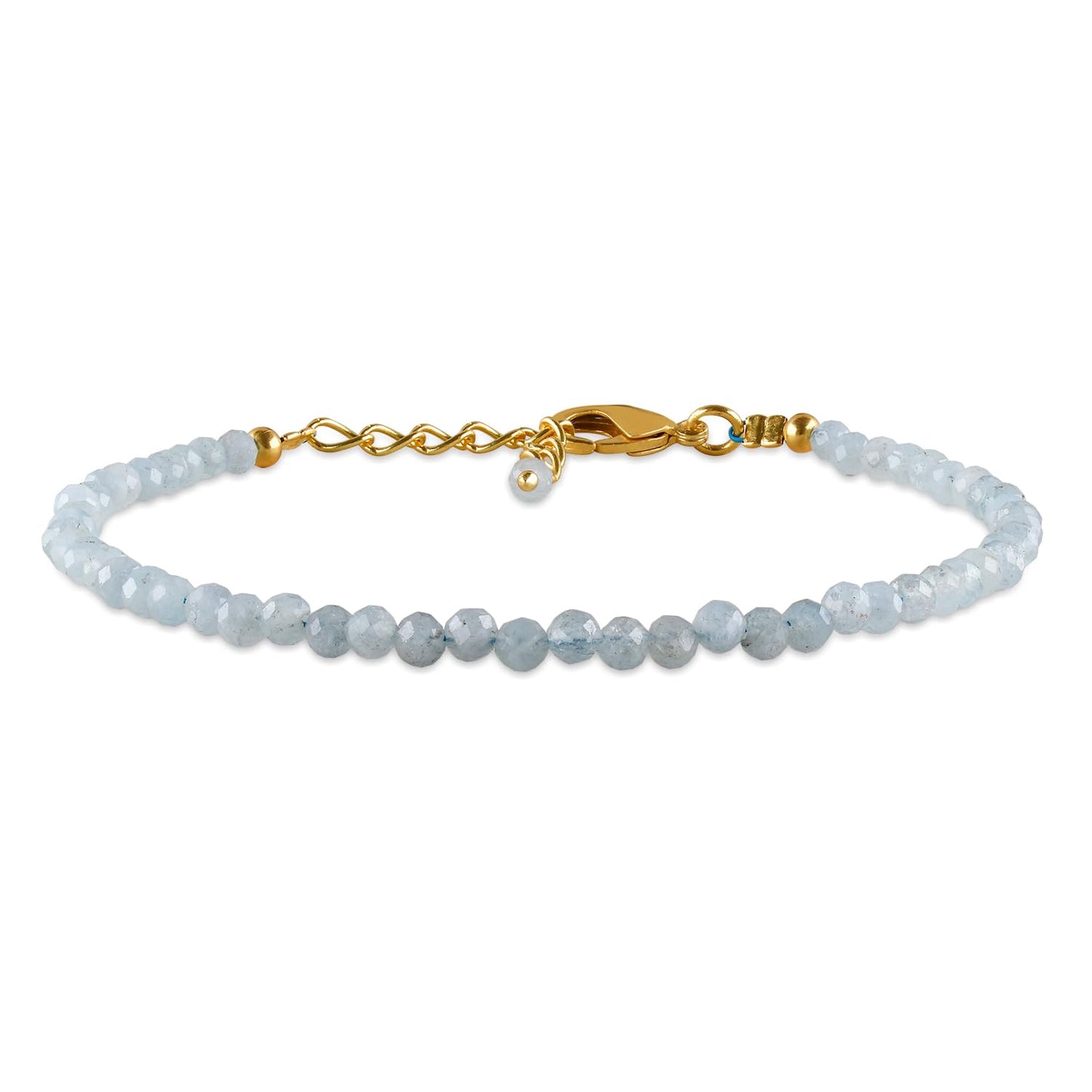 Natural Blue Aquamarine Gemstone Micro Beads Dainty Bracelet Jewelry for Women, March Birthstone, Chakra Energy Crystals, 14k Gold Plated Chain 8 inch Adjustable