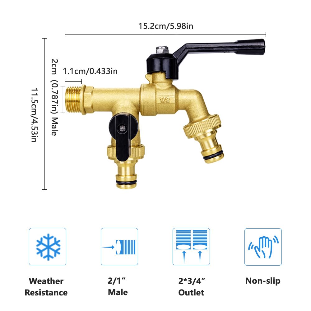 Tmok Double Taps Outdoor Water Garden Faucet 1/2" X3/4" X3/4" Double Outlet Faucet,2 Way splitter With Garden Hose Quick Connecetor,teflon taps,rubber washer for Outdoor Garden Irrigation Washing