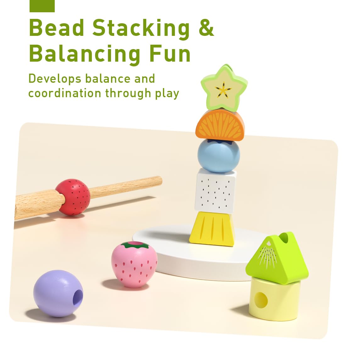 Wooden Montessori Lacing Beads Toy for Toddlers 2 3 4 5 Years Old, Fruit Themed Stringing Beads with Hard Rod & Pattern Cards, Fine Motor Skills Educational Sensory Toy for Boys Girls, Birthday Gift