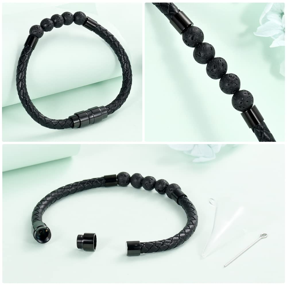 shajwo Cremation Jewelry Lava Stone Urn Bracelet for Ashes for Women Men Chakra Healing Balancing Genuine Leather Memorial Bracelets,Black