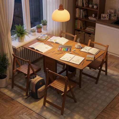 Folding Dining Table Set with 4 Chairs, Drop Leaf Foldable Table on Wheels, Collapsible Dinette Table with Hidden Chair Storage, Space Saving Folding Dinner Table Set for Small Apartments