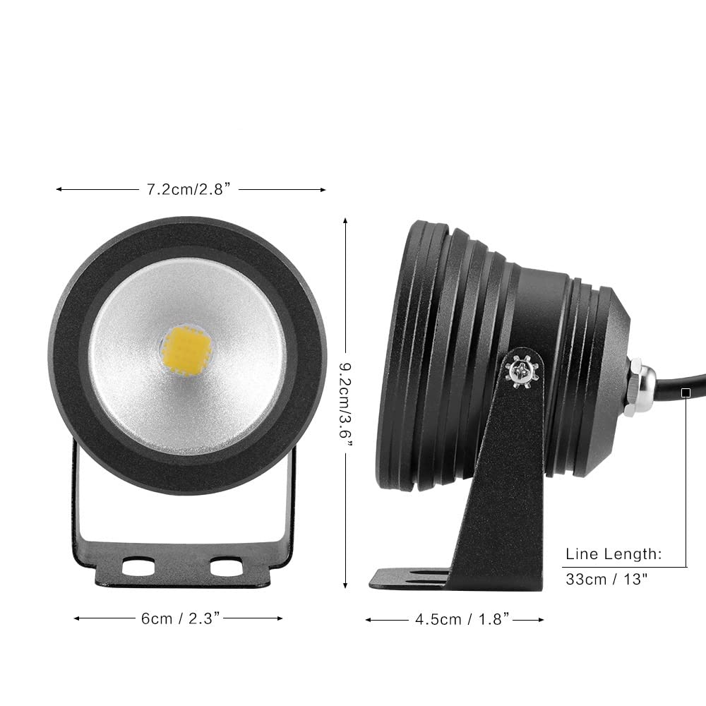 Waterproof LED Outdoor Spot Light Landscape Lighting IP68 12" Wiring with Aluminum Casing with Mount Bracket DC 12 Volt Low Voltage Light Bulb (Warm White)