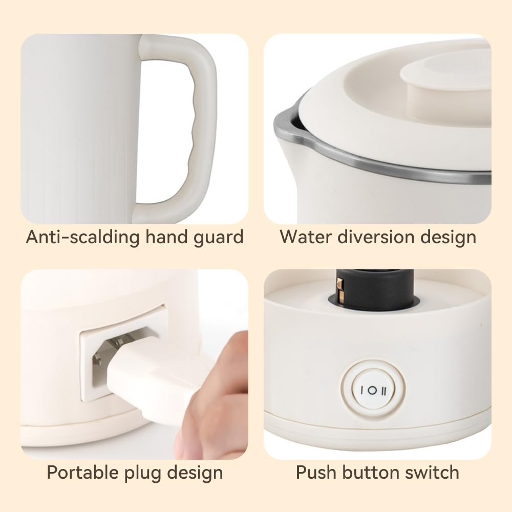Travel Electric Kettle 304 Stainless Steel Small Portable Foldable Tea Kettle for Boiling Water Camping Traveling with 2 Gear 600ML 600W