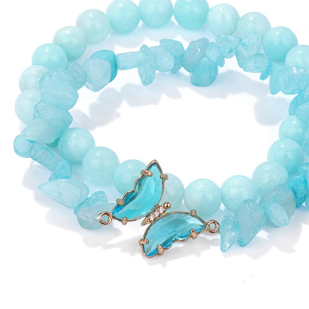 GolbalJew Healing Crystal Stone Bracelets Aquamarine Bracelet for Women Blue Gemstone Beads Stretch Bracelet Butterfly Charms Jewelry Women Gift