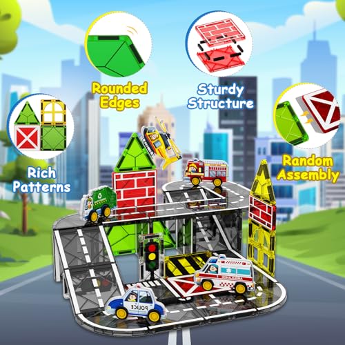 Magnetic Tiles Road Car Set,Magnetic Building Blocks for Kids, Learning Sensory Montessori Toys for 3-8 Year Old Boys Girls, Birthday Gifts for 3-8 Year Old Boys Girls, STEM Toys for Toddler