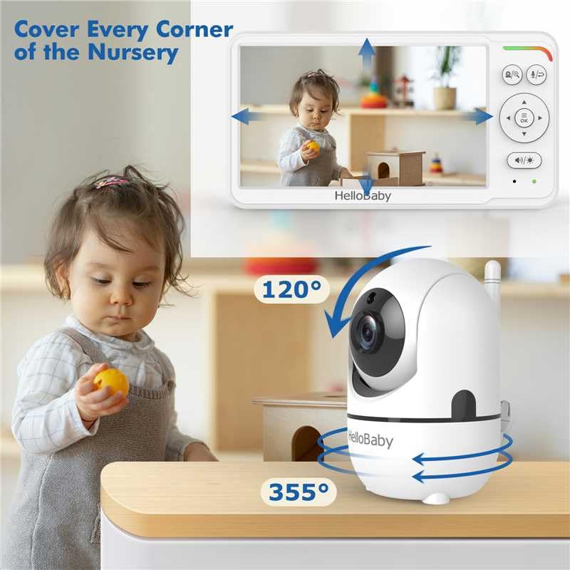HelloBaby World's First 6" IPS Split Screen Baby Monitor with 2 Cameras - No WiFi, 30hr Battery, 355° Pan-Tilt, Night Vision, 1000ft, Portable Travel Video Audio Monitors with Temp Alert/Lullabies/VOX