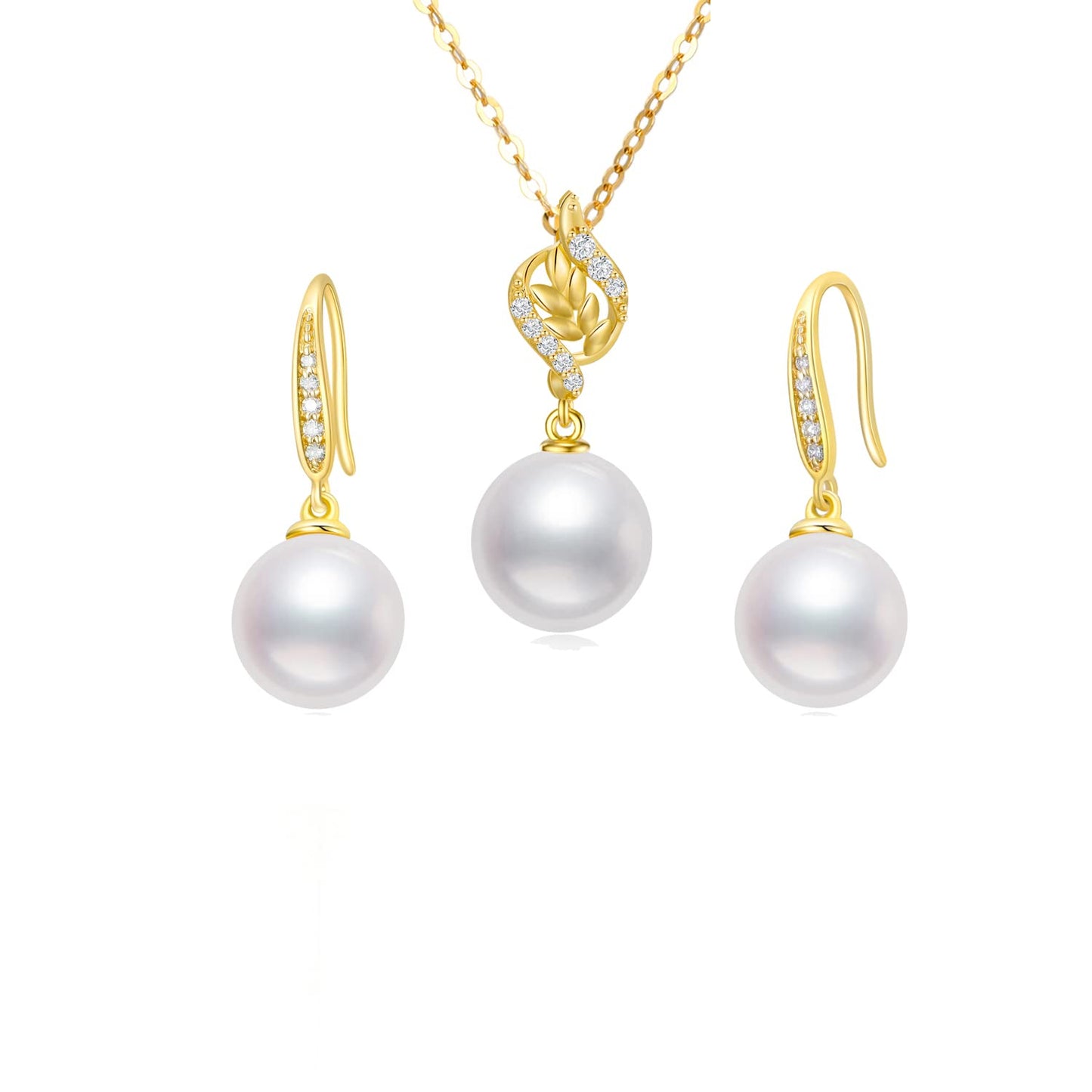 14k Gold Diamond Pearl Necklace and Earrings Set