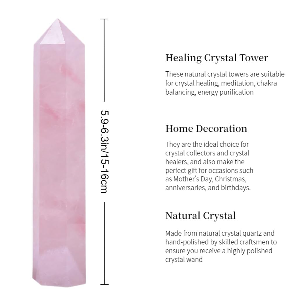 RUIJINGYUAN Rose Quartz Crystal Tower 6-6.3" - 6 Faceted Single Point Crystal Wand for Chakra, Reiki, Meditation & Energy Healing Home Decor Gift