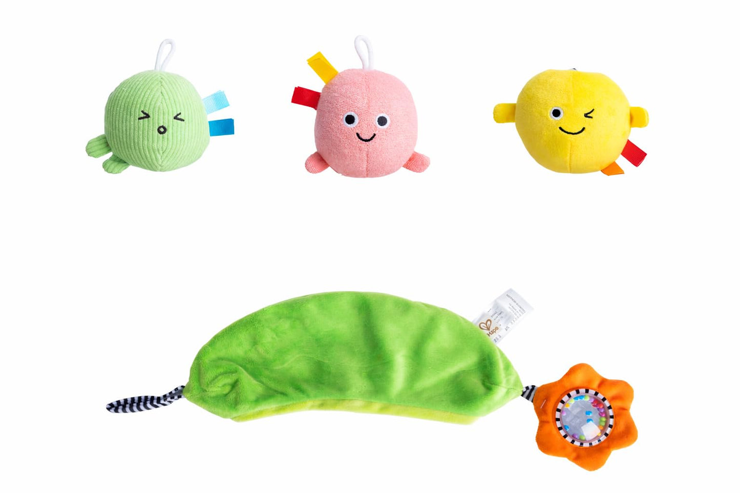 Hape Pea Pod Pals Sensory Baby Toy - 3 Textured Plush Peas with Sounds, Crinkle & Rattle, Stroller & Car Seat Travel Toy for Fine Motor Skills, Multi-Sensory Development for Babies 6 Months+