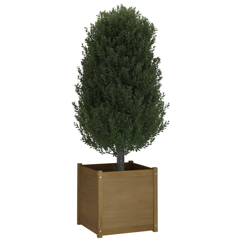 Owoxanthellate Honey Brown Square Wood Planter Set for Outdoor Spaces, 23.6 x 23.6 x 23.6 in Solid Pine Garden Flower Pots, Weathered Finish for Patio Terrace and Balcony