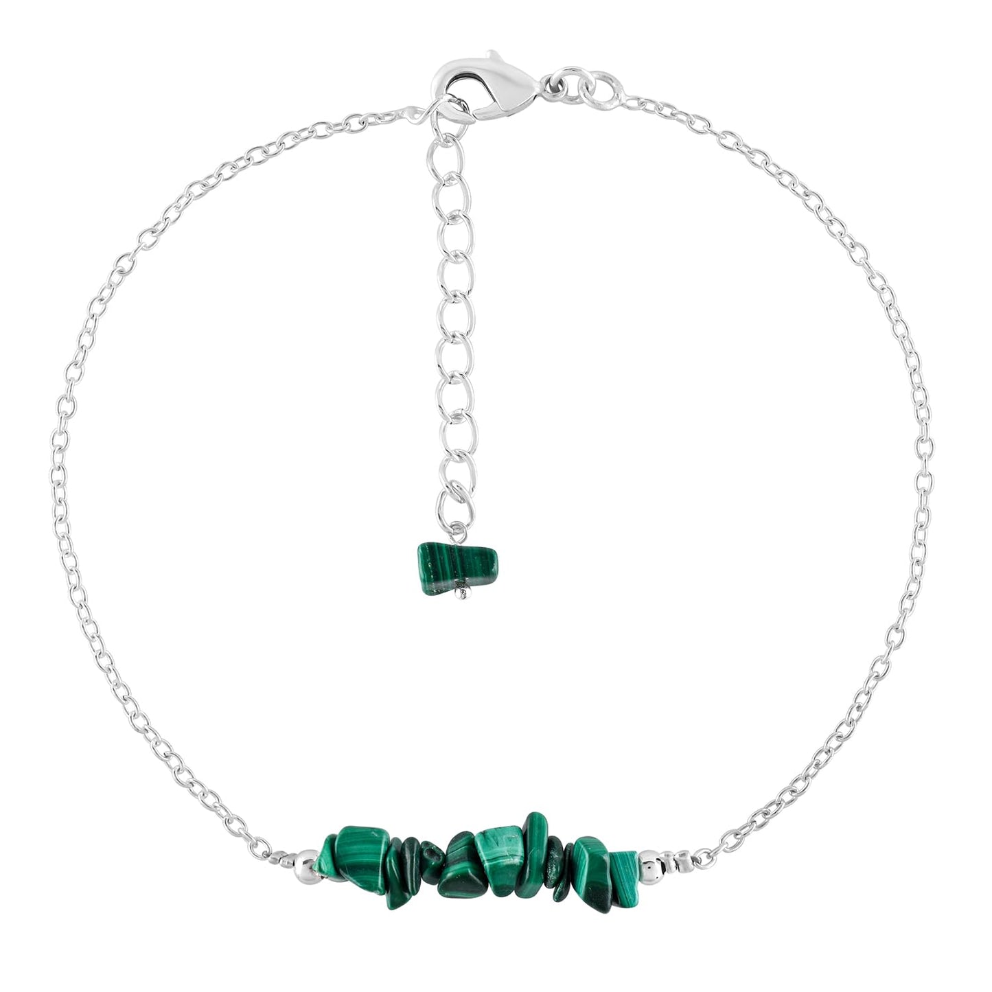Yanara Malachite Anklets Nuggets Ankle Bracelets for Women Natural Birthstone Silver Plated Jewelry in 9” +1.5” inch Chakra Crystals Valentines Day Gifts For Her