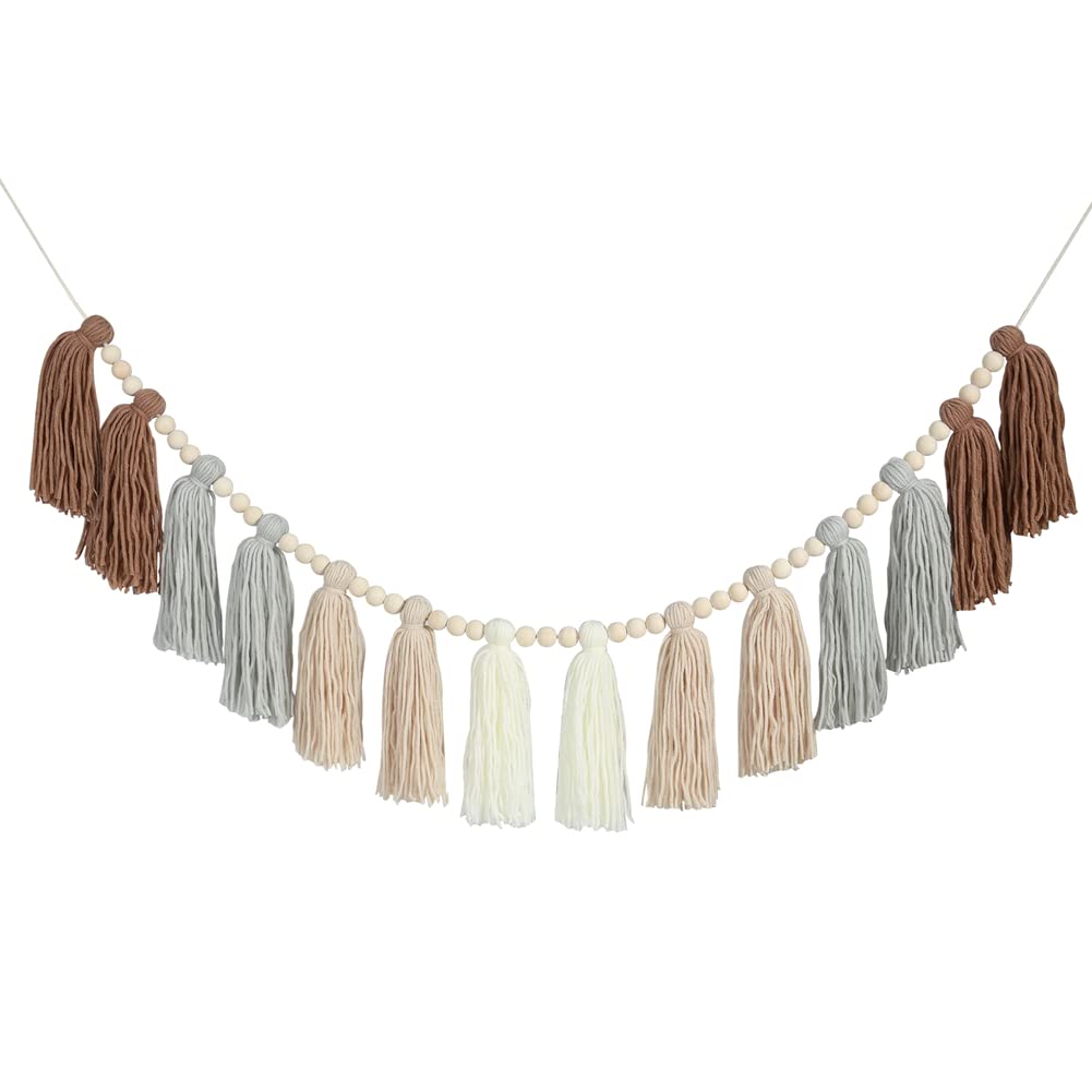 DrCor Neutral Boho Tassel Garland – Handmade Cream, Brown & Gray Yarn Banner for Nursery, Baby Shower, Birthday Party, Rustic Farmhouse Wall Hanging & Warm Cozy Home Decor