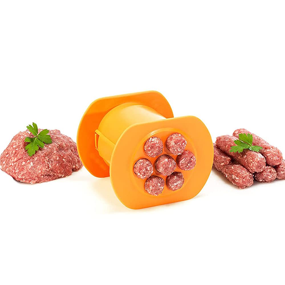 Guppy One Press Cevapcici Sausage Maker Stuffer, 7 Sausages at Once Press Handmade Hot Dog Meat Strip Machine Molds Non Stick Kitchen Meatball Maker (Orange)