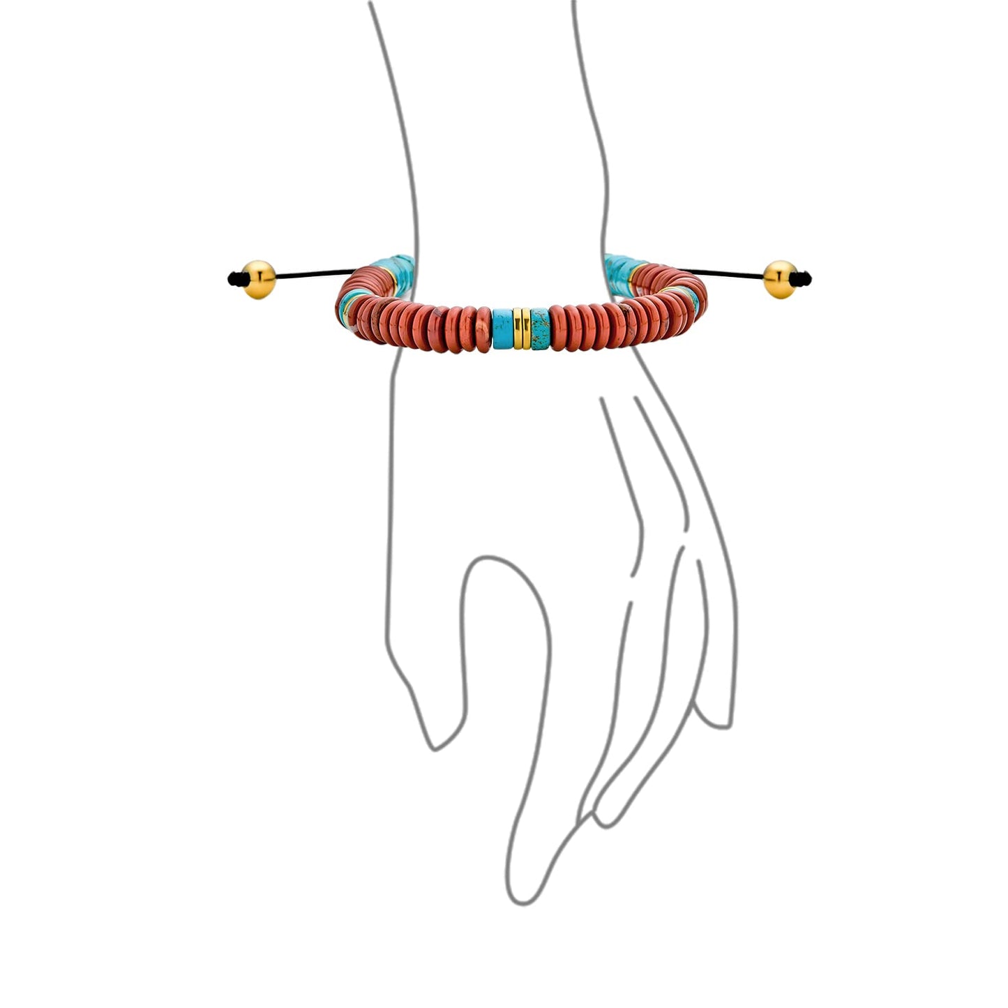 Boho South Western Style Natural Gemstone Brick Red Blue Turquoise & Carnelian Stones Chakra Stacking Bolo Bracelet Gold Plated Stainless Steel Spacers Rondel Tube Beads Adjustable Slider Cord 7-9”