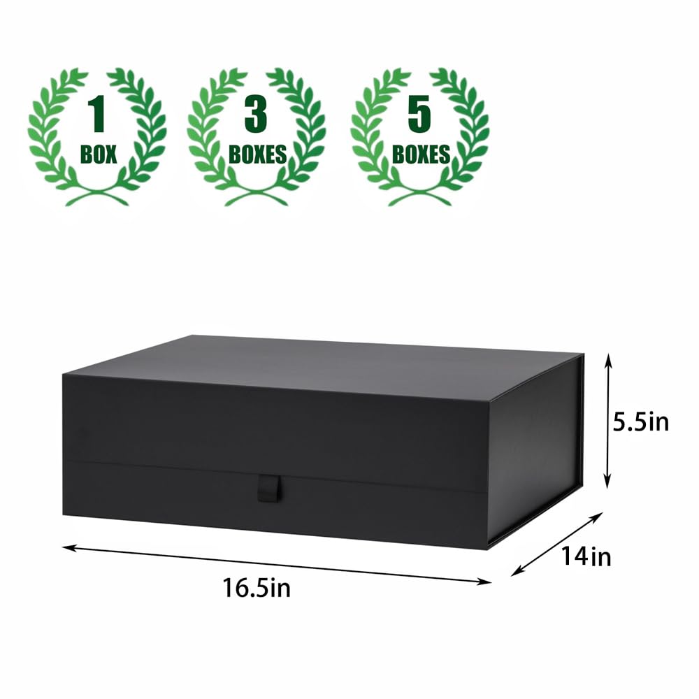 PLINJOY Extra Large Black Gift Box 16.5x14x5.5 Inches,Gift Boxs for Presents with Lid Magnetic Closure Collapsible,Groomsman Proposal Box,Birthday, Christmas,for Clothes and Large Gifts