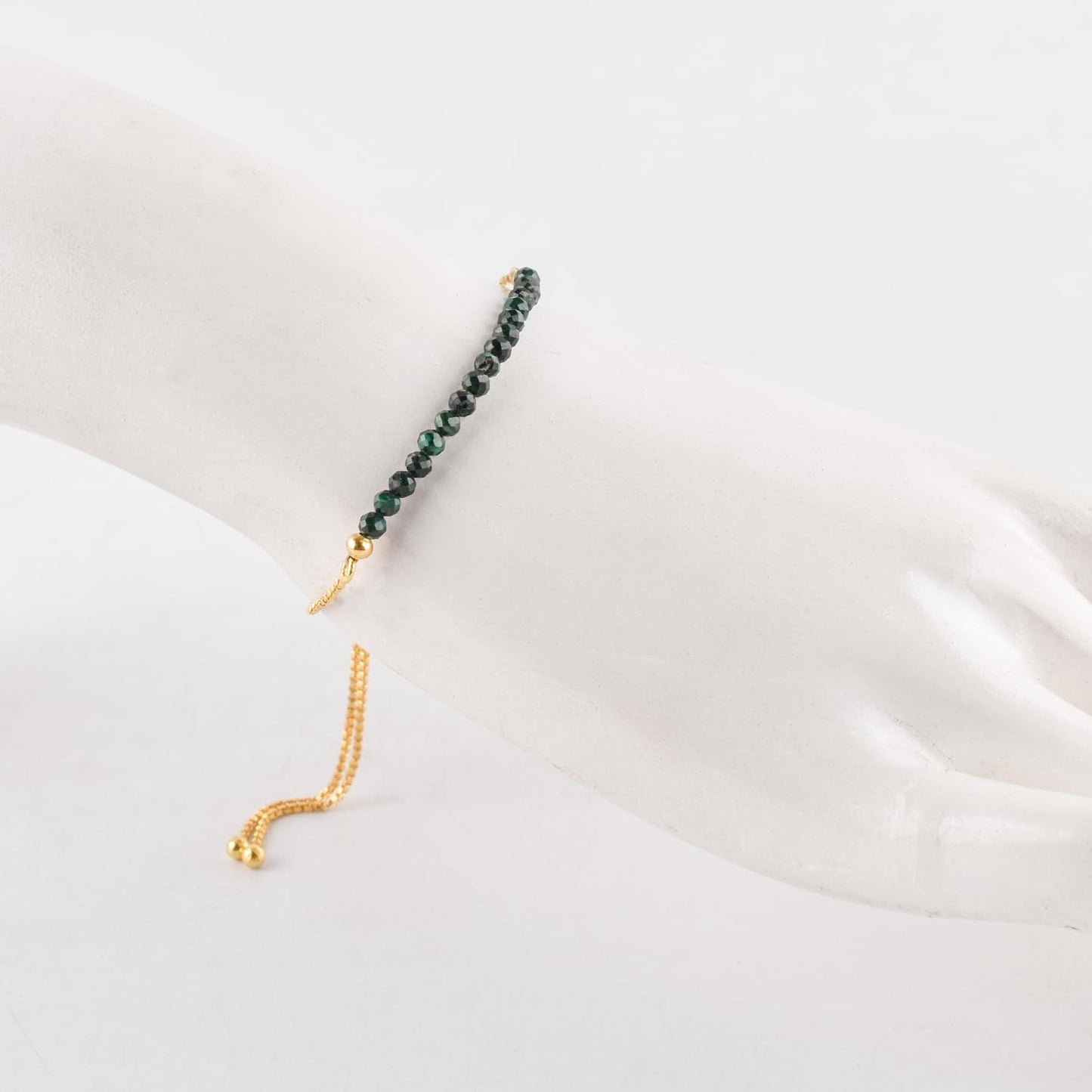InfinityGemsArt Malachite Bracelets For Women, Natural Birthstone Jewelry, Micro Green Beads Beaded Stone Bolo Slider Crystals Gemstones, 14K Gold Plated Adjustable Chain, Valentines Day Gifts For Her