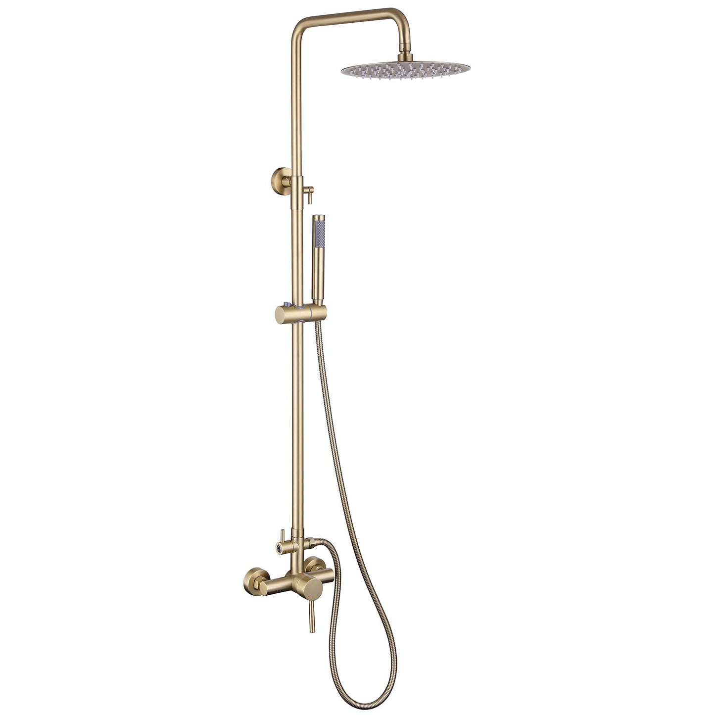 RBROHANT Outdoor Shower, Wall Mount Outdoor Shower Kit, Outside Shower Faucet with Height Adjustable Rain Shower Head and Handheld, Exposed Shower for Backyard, Wall Mounted, Brushed Gold, JK0147