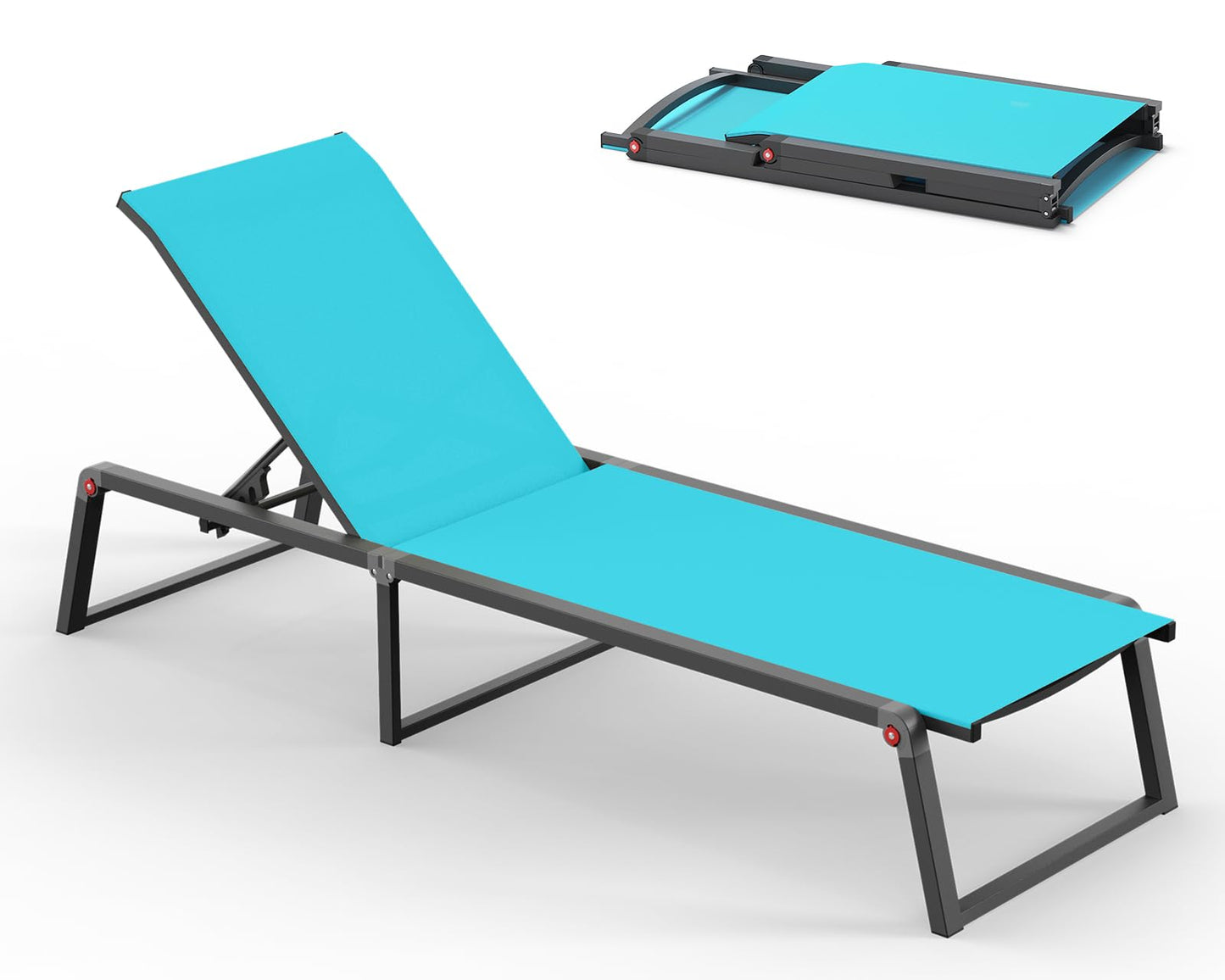 Oasbira Aluminum Chaise Lounge Chair Outdoor, Foldable & Assembly Free Patio Pool Lounge Chairs 5-Position Recliner for Outside Poolside, Fully Grounded Legs Sun Lounger for Beach, Yard, Lake Blue
