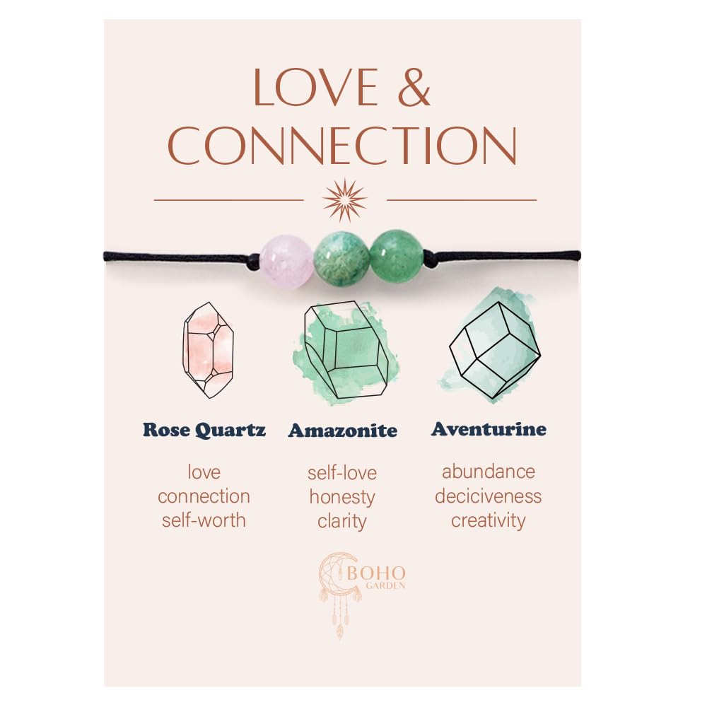 BOHO GARDEN Healing Bead Bracelets - Spiritual Crystal Beaded Bracelet - Made of 3 Real & Natural Gemstones, Adjustable 3-9.7” Black Rope - Gem Stones Jewelry for Men, Women, Teens (13+) - 8mm Bead (LoveConnection)