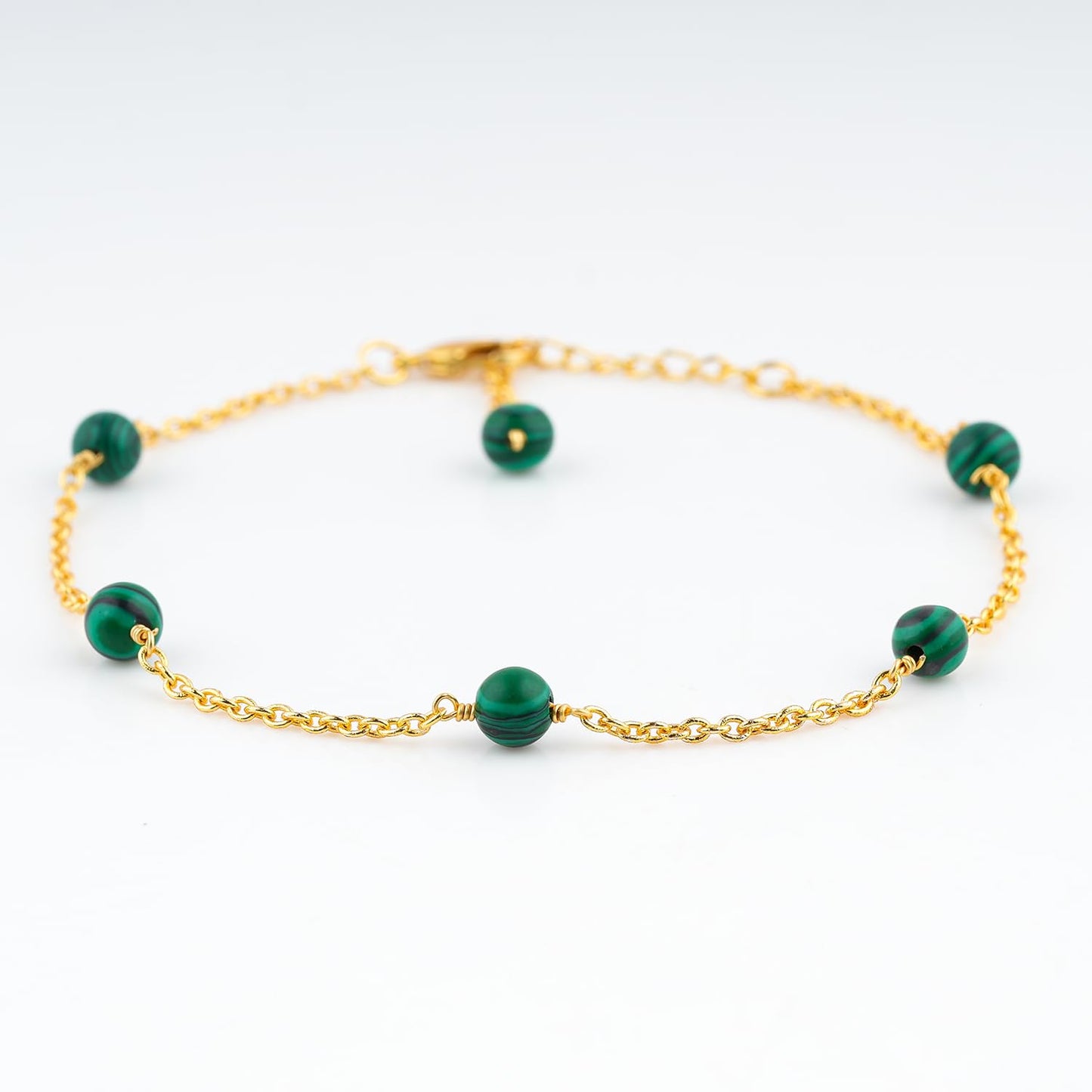 Jewel of Rocks Malachite Beaded Anklet Bracelet, Handmade Craft, Beads, Chakra Healing, Gemstone Women Jewelry, Hypoallergenic Gold Plated Brass 9 inch + 1.5 inch (1pcs)
