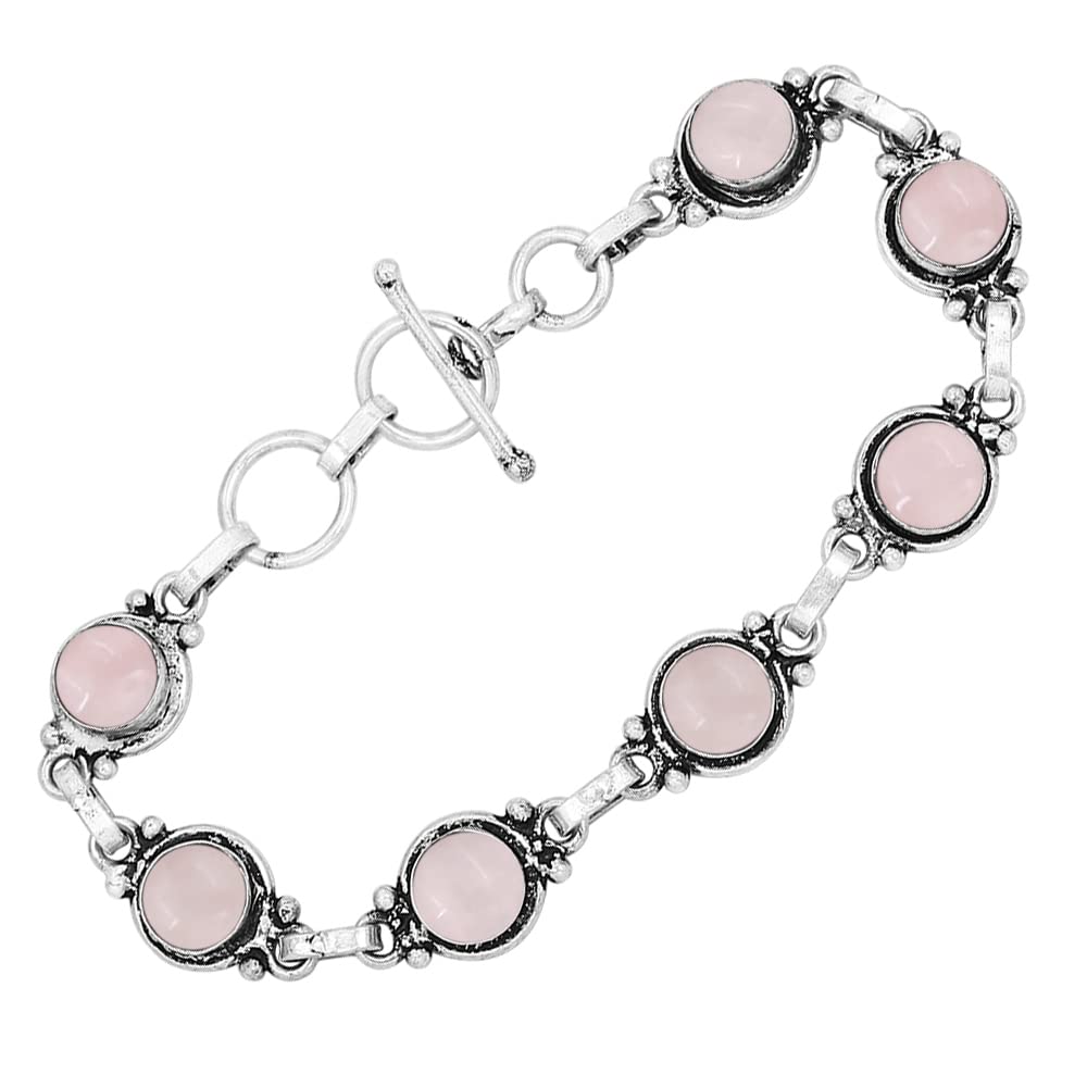 Natural Rose Quartz 925 Silver Plated Light Weight Trendy Adjustable Bracelet for Women - January Birthstone Pink Gemstone Handmade Link Bracelet - Wedding Jewelry Gifts for Her