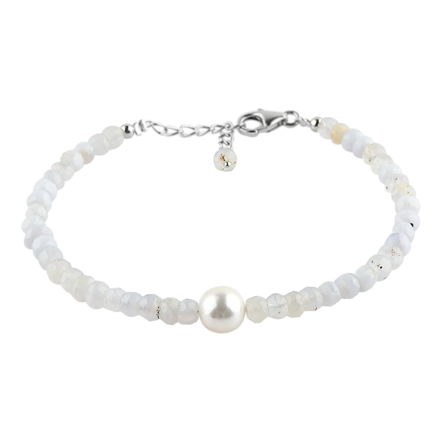 CRYSTALIS Natural Blue Lace Agate Beads Adjustable Bracelet with Elegant Pearl, High Grade Gemstones, Chakra Healing Stones, Gift Giving Jewelry, 925 Sterling Silver Womens Bracelet 8 inch