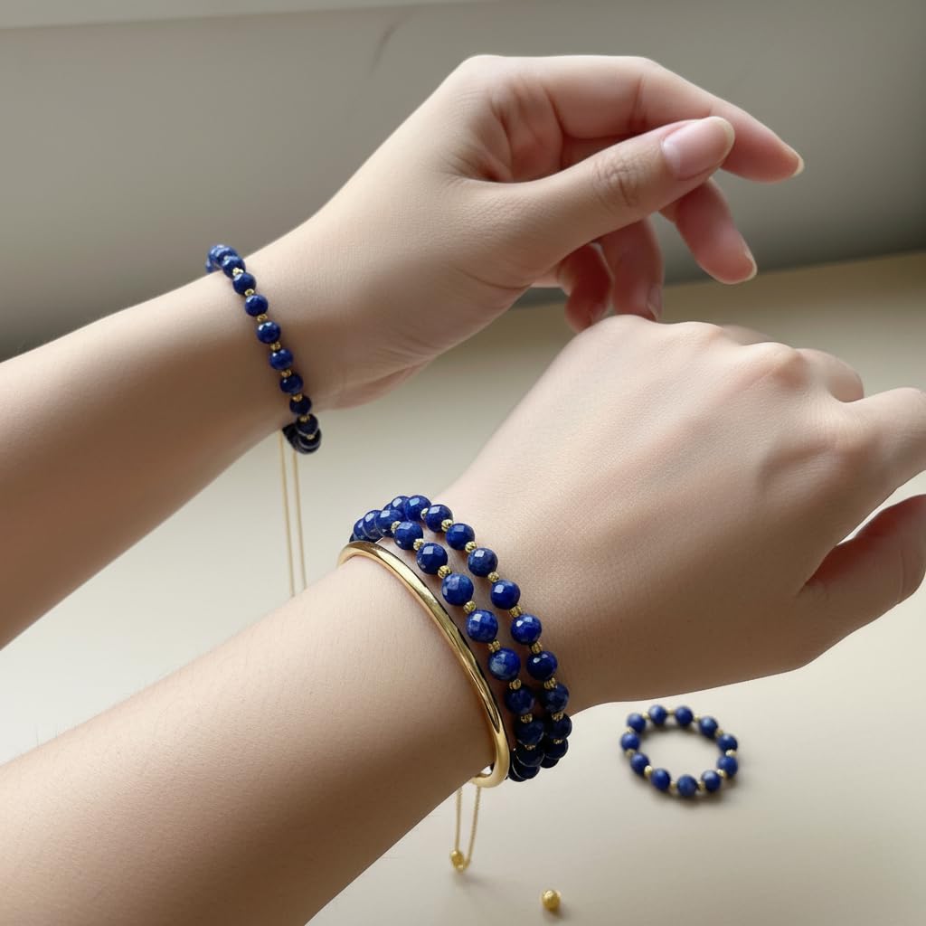 Lapis Lazuli Faceted Bracelet with 18K Gold-Tone Spacer Beads – 6mm 64-Cut Natural Blue Gemstone | Sparkling Healing Crystal Jewelry for Women | Elegant Handmade Stretch Bracelet Gift with Velvet Pouch(6mm 64-Facet Sparkle)