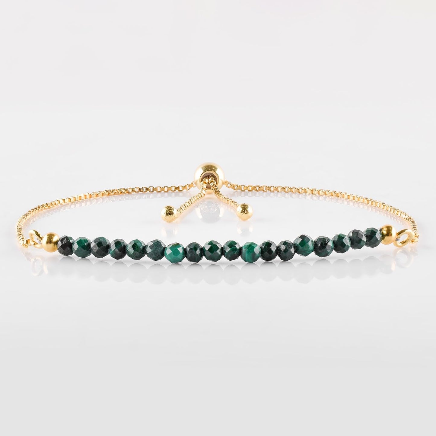 QNAVIC Natural Green Malachite Gemstone Micro Beaded Dainty Slider Bolo Bracelet, Handmade Jewelry for women, Healing Chakra Crystals Birthstone Gift for Her, 14K Gold Plated Chain 6-9 inch