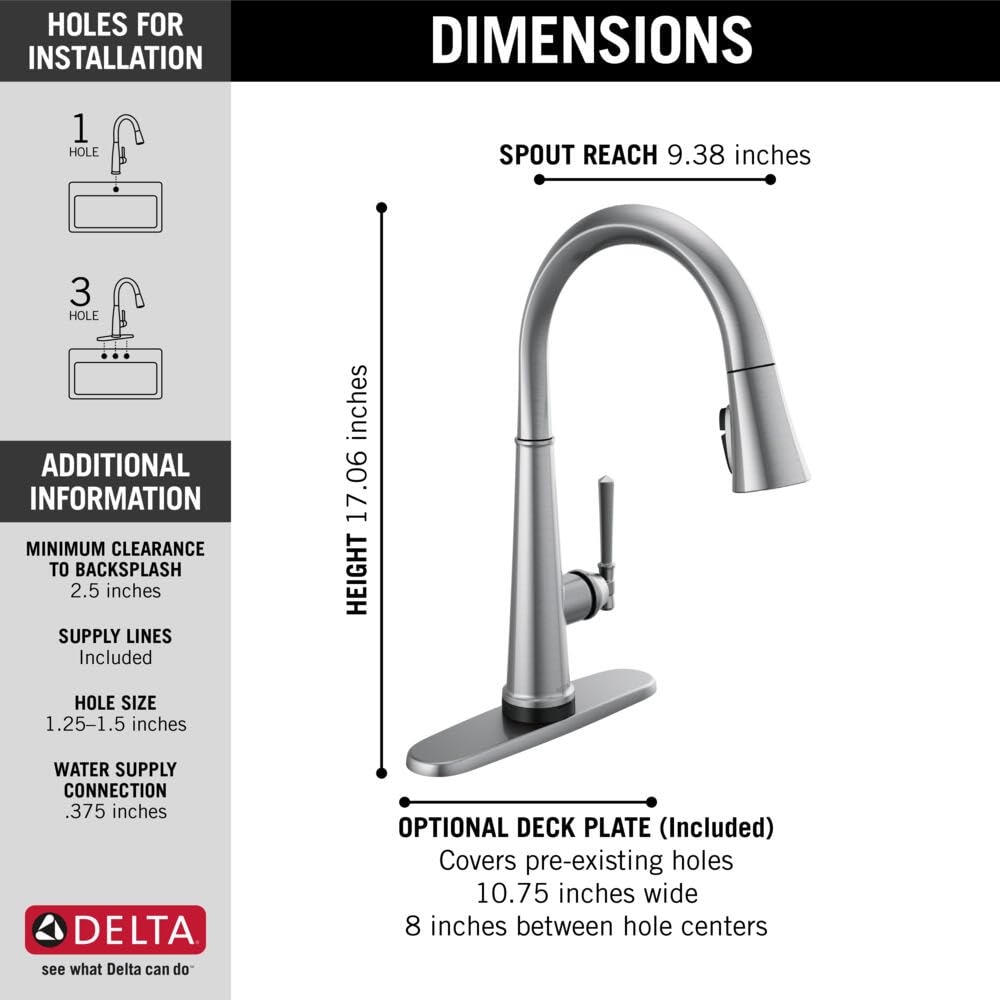 Delta Faucet Emmeline Touch Kitchen Faucet Brushed Nickel, Kitchen Faucets with Pull Down Sprayer, Kitchen Sink Faucet, Delta Touch2O Technology, Lumicoat Arctic Stainless 9182T-AR-PR-DST