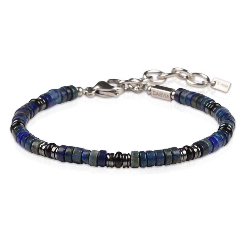 Casvia Men's Lapis Lazuli Hematite & Black Agate Beaded Bracelet, Handmade Adjustable Stainless Steel Chain, Chakra Jewelry Gift for Dad Husband Boyfriend